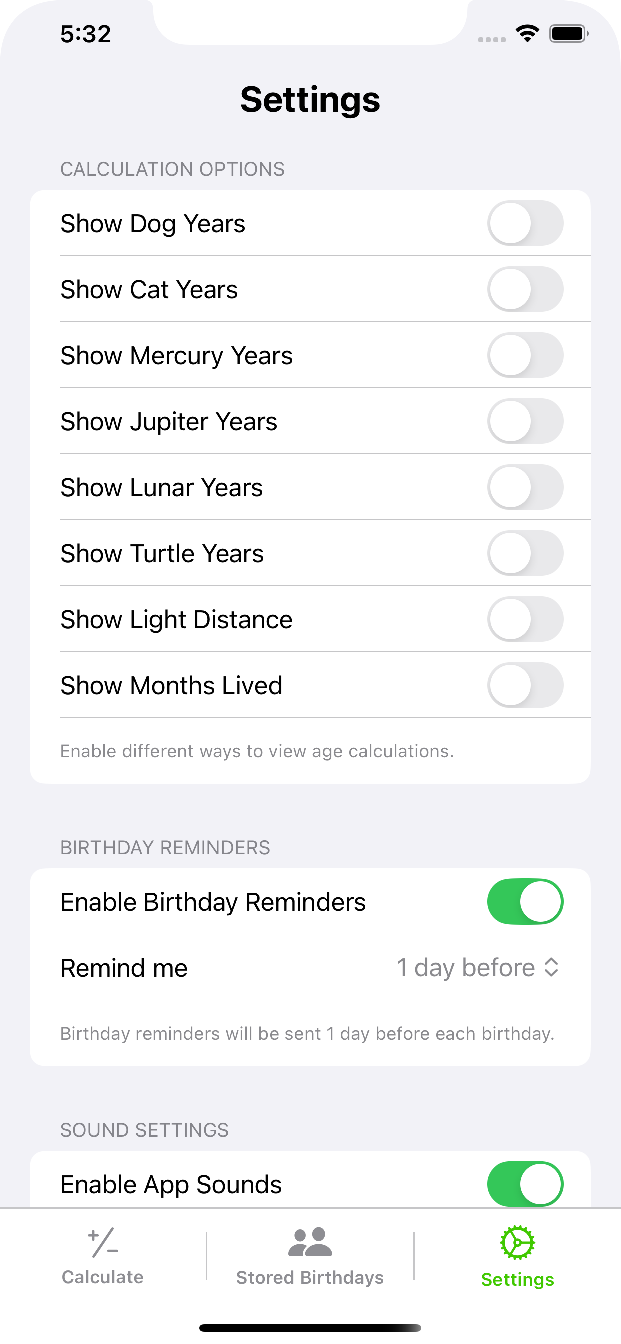 Age Calculator settings