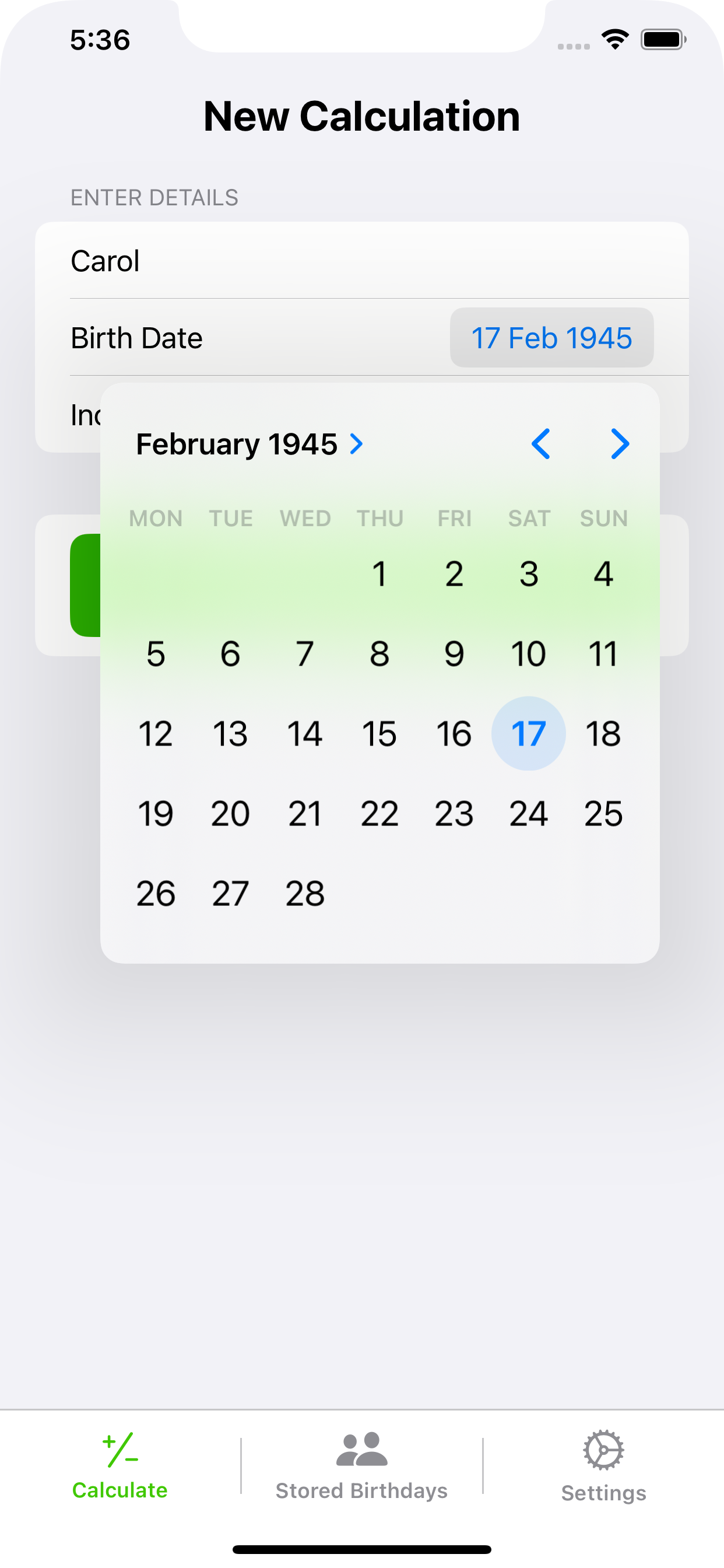 Age Calculator date selector