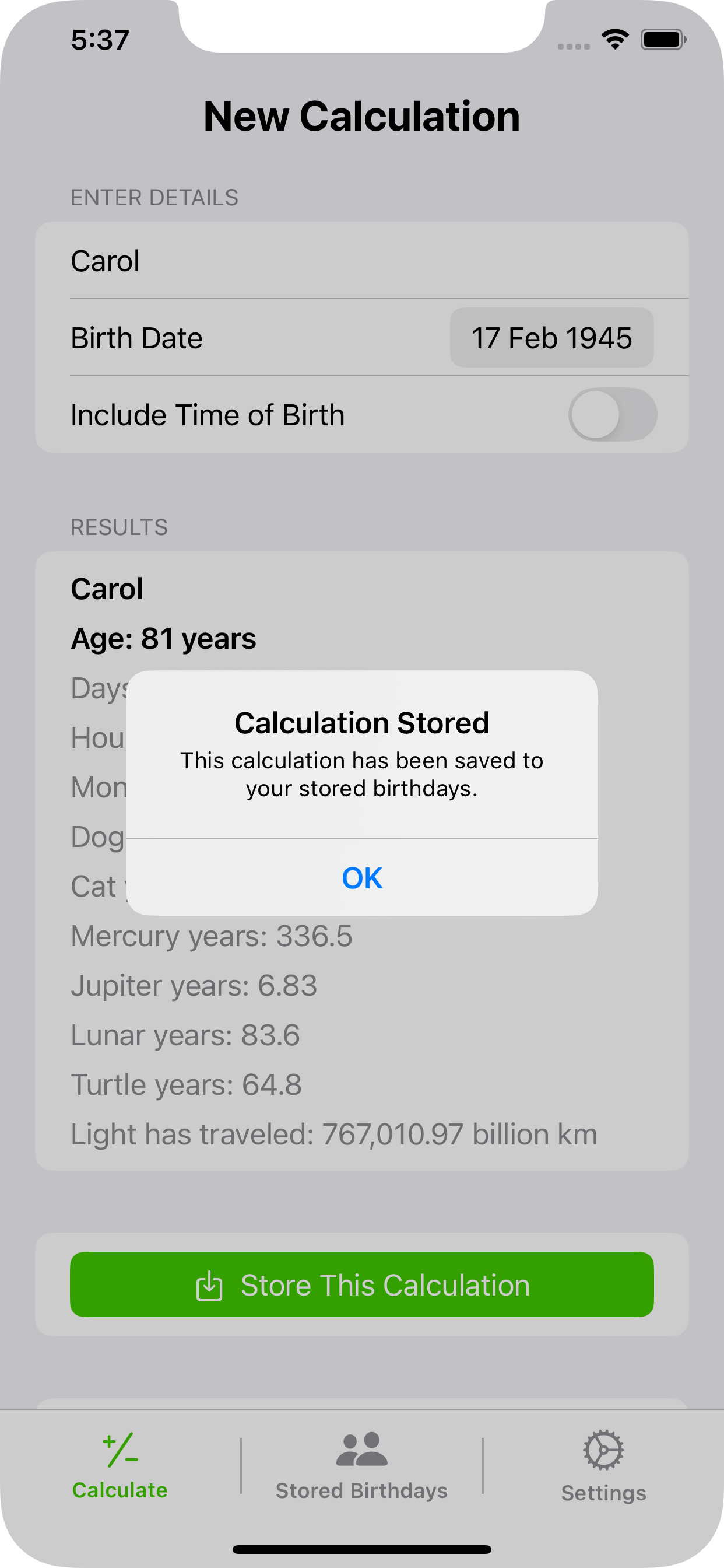 Age Calculator stored birthdays