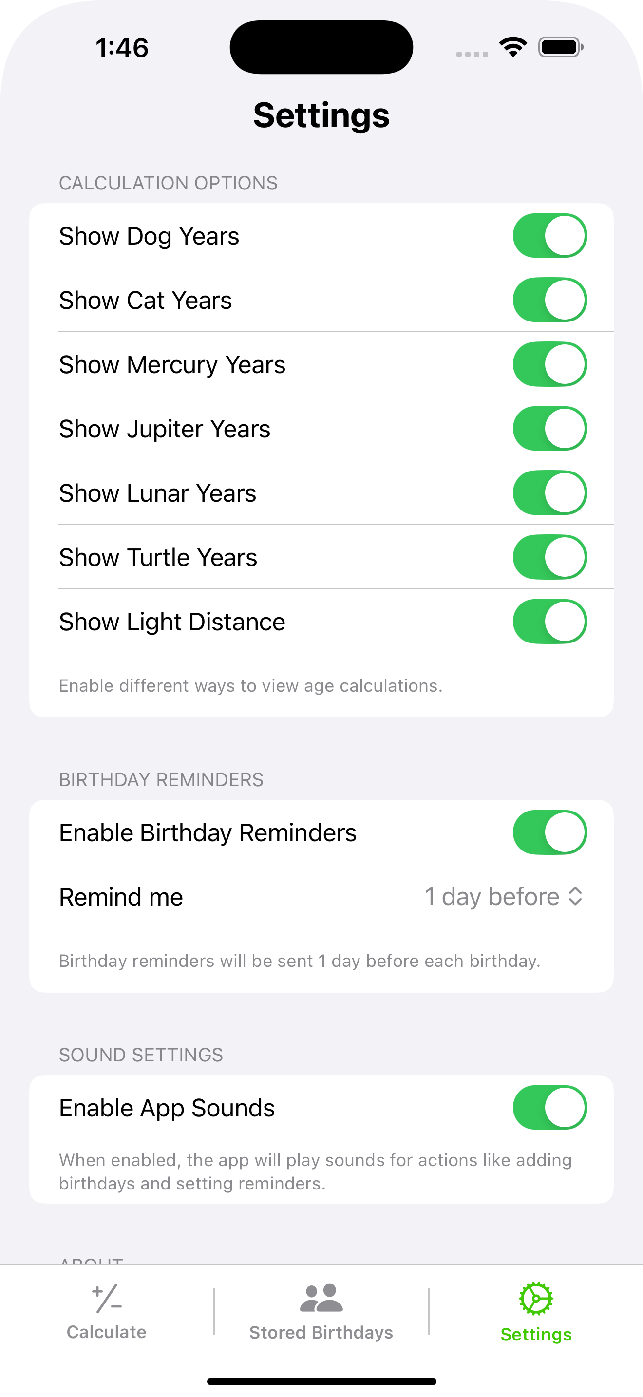Age Calculator settings
