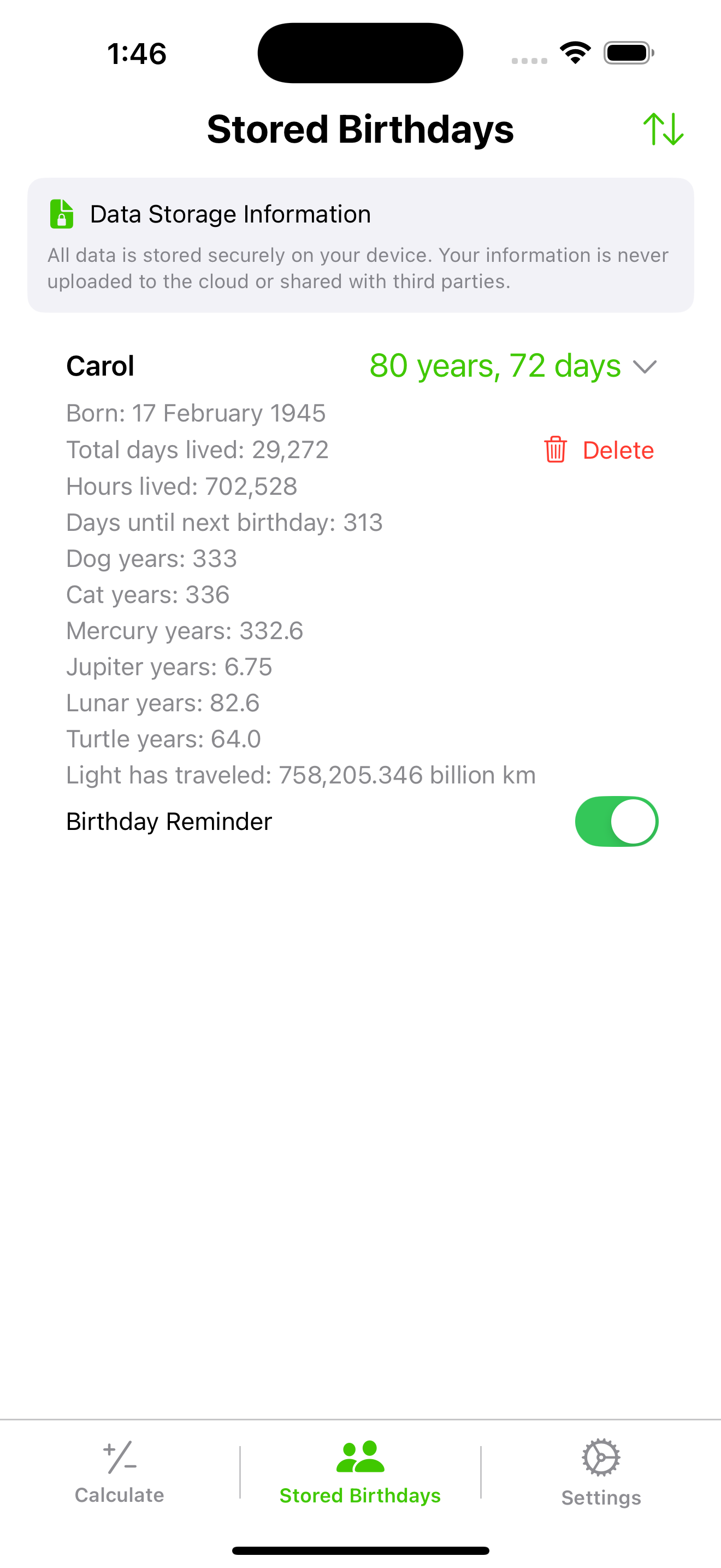 Age Calculator stored birthdays