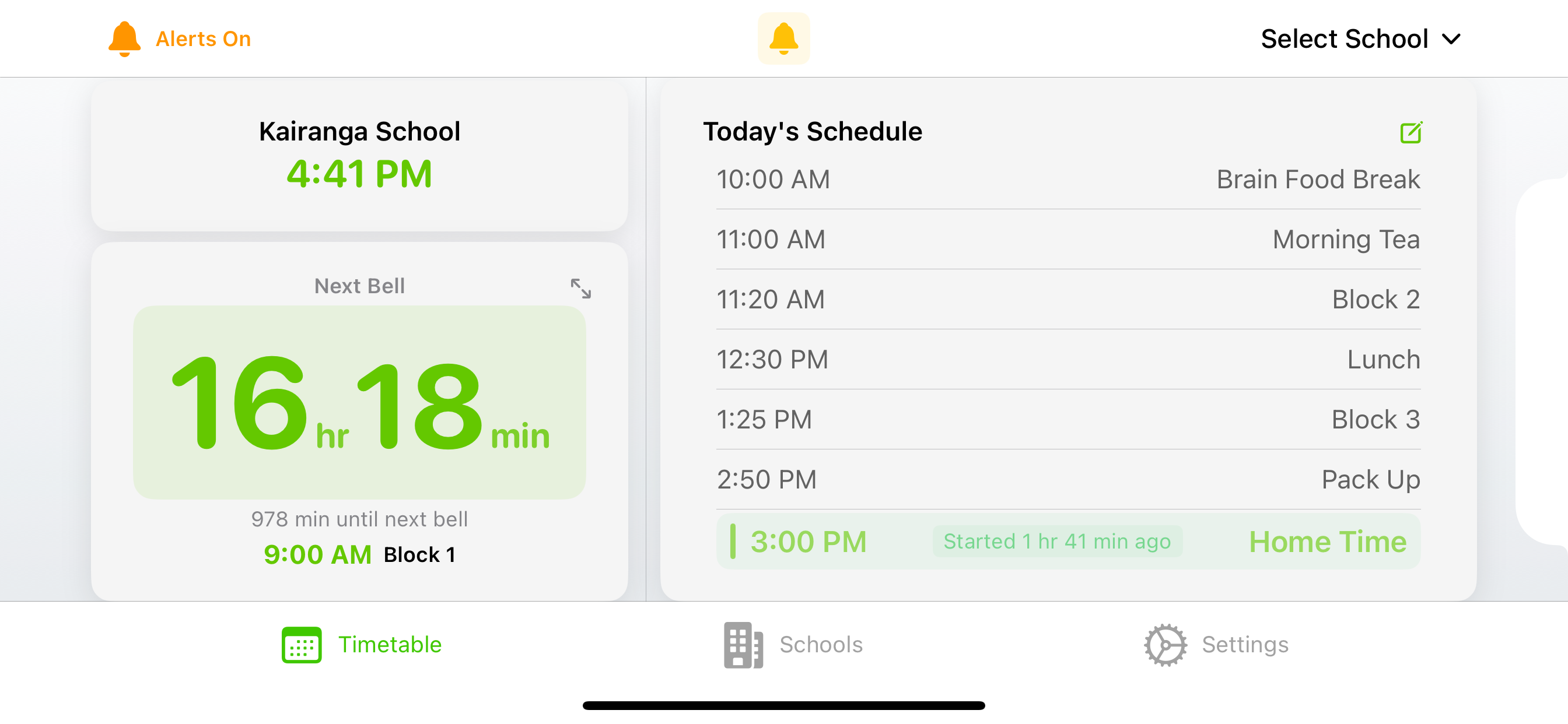 Bell Times timetable in landscape