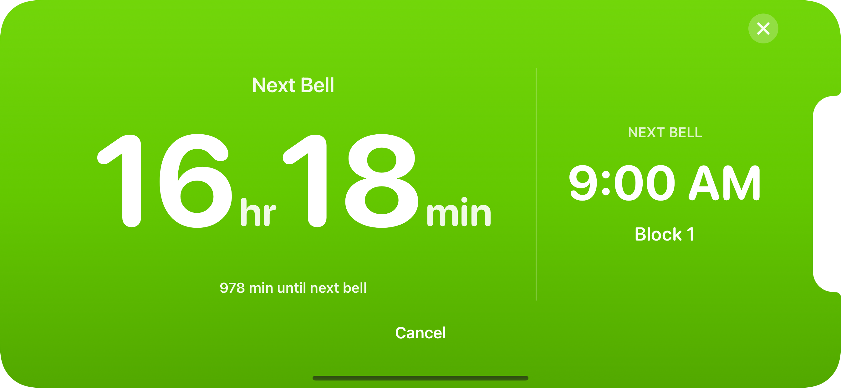 Bell Times fullscreen timetable in landscape