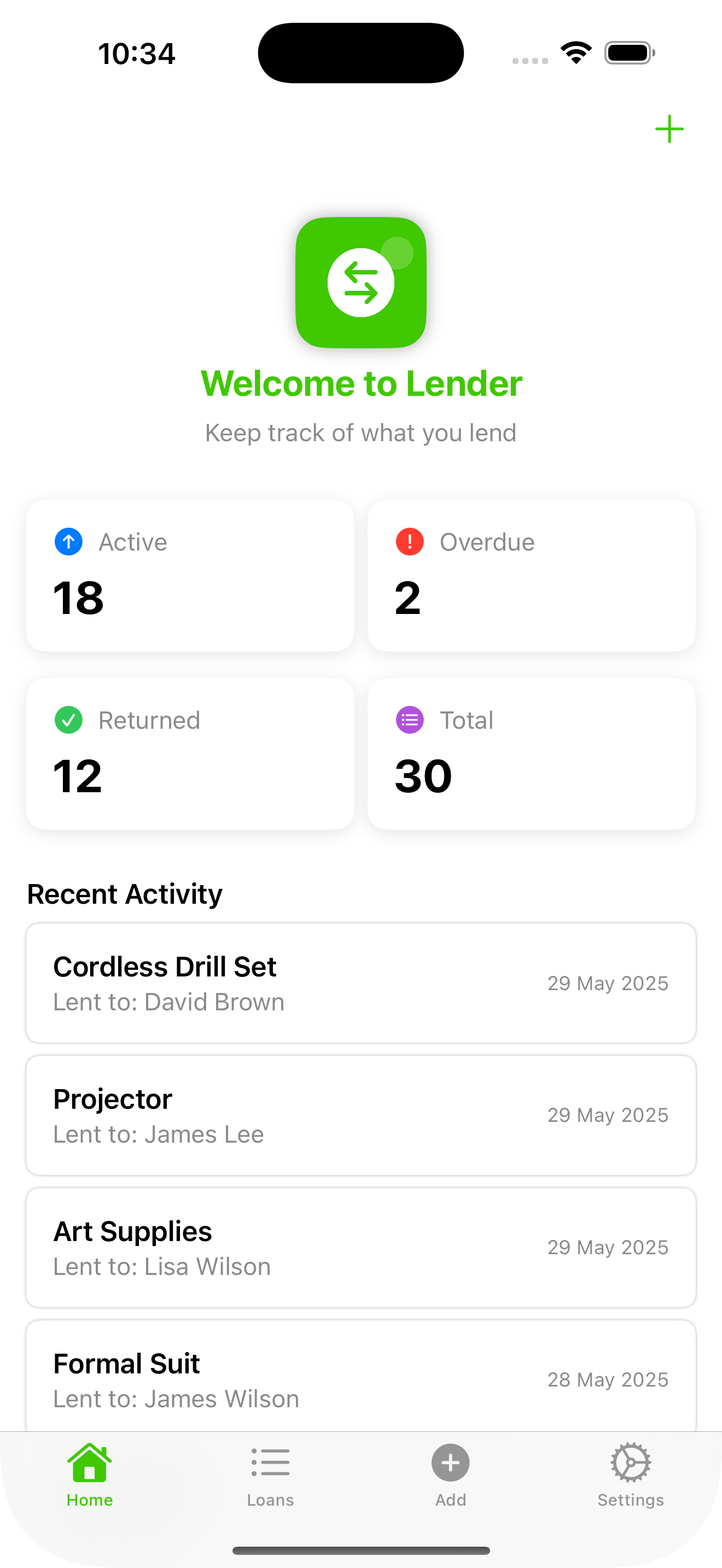 Lender home screen