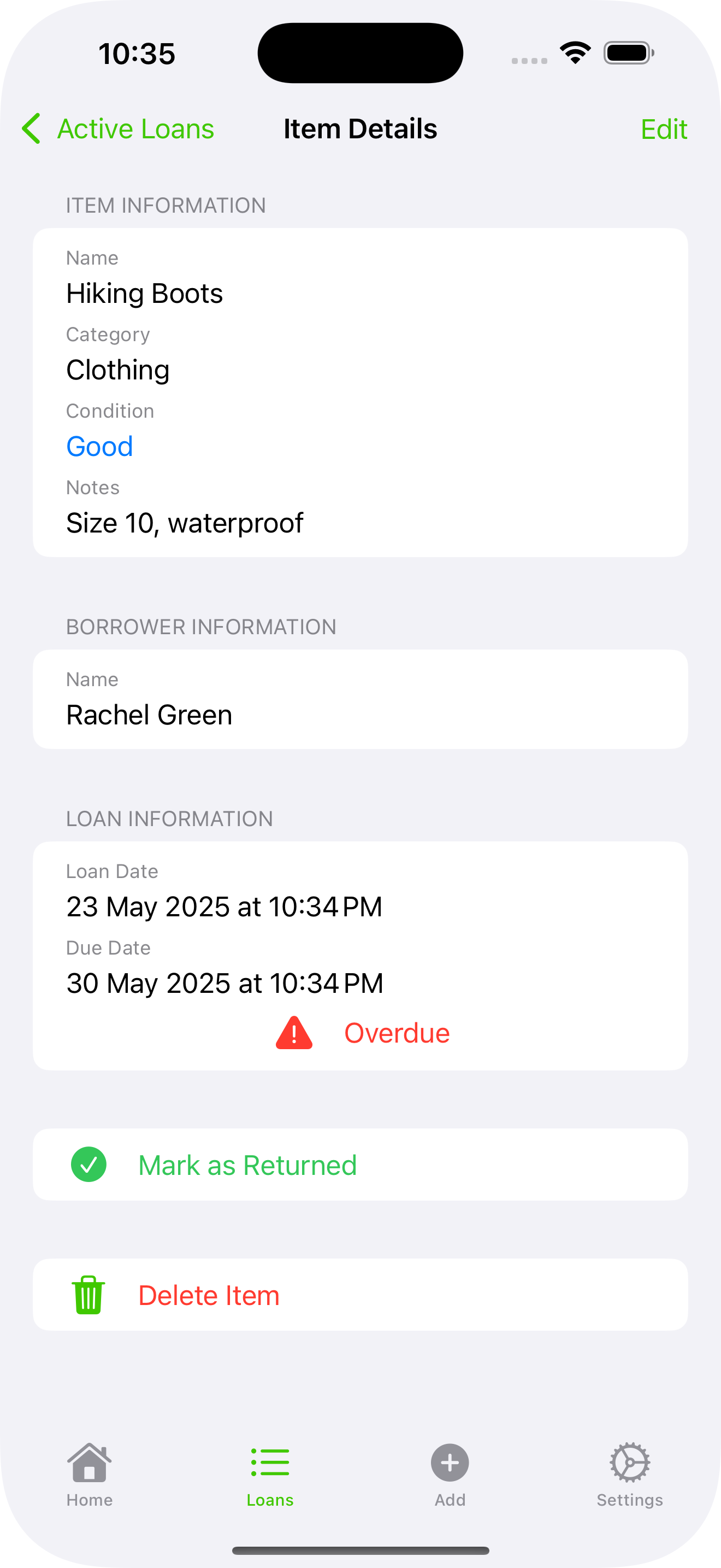 Lender item details