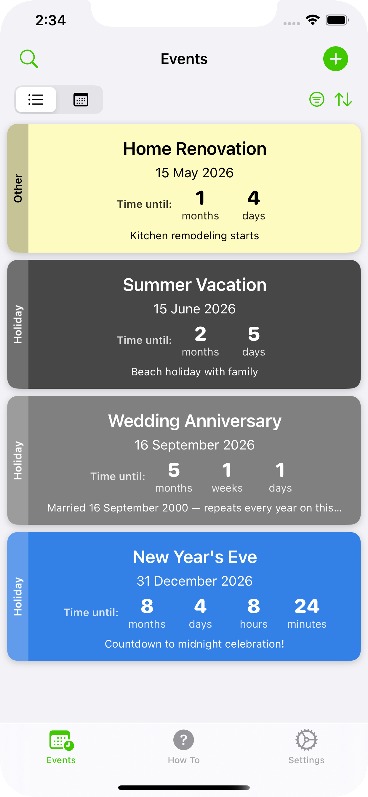 MyCountdowns events list