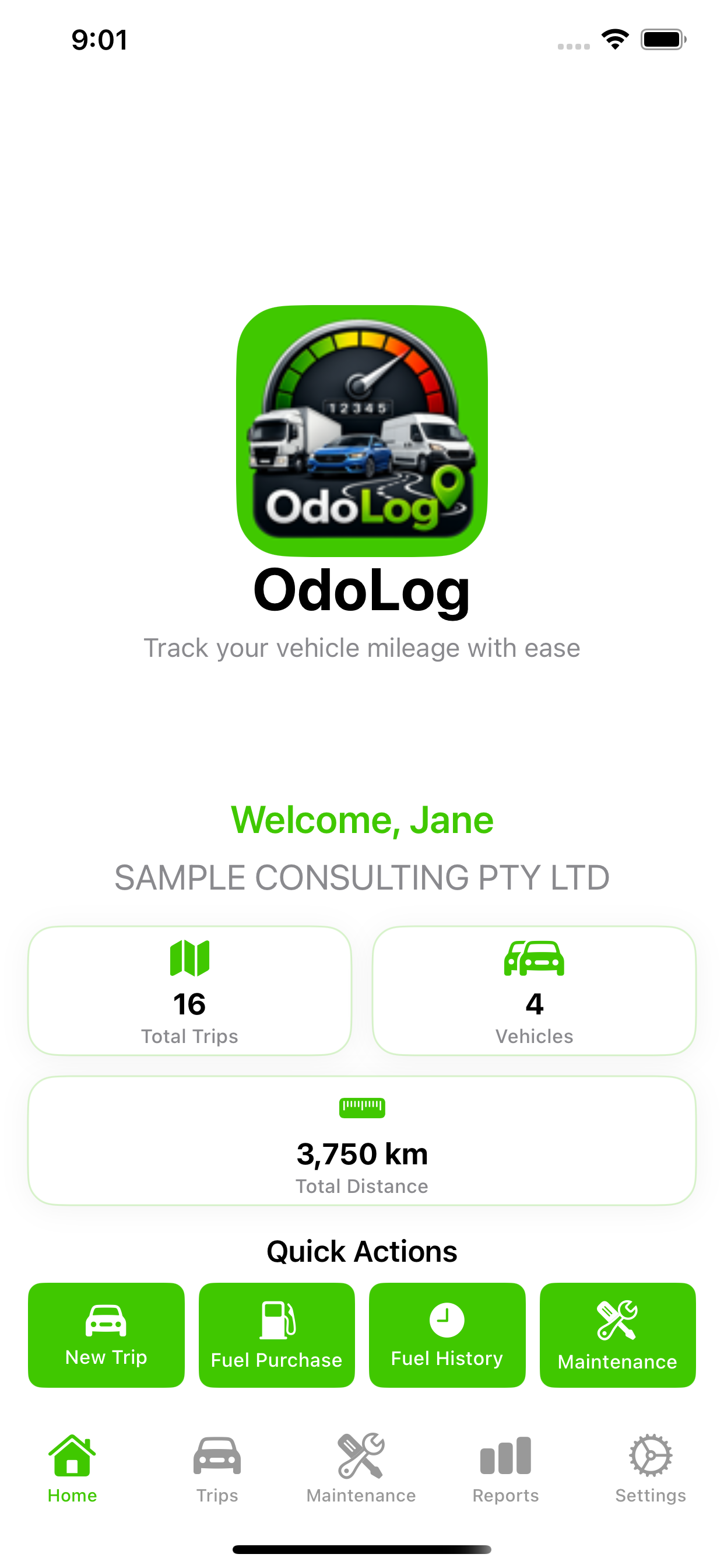OdoLog home screen