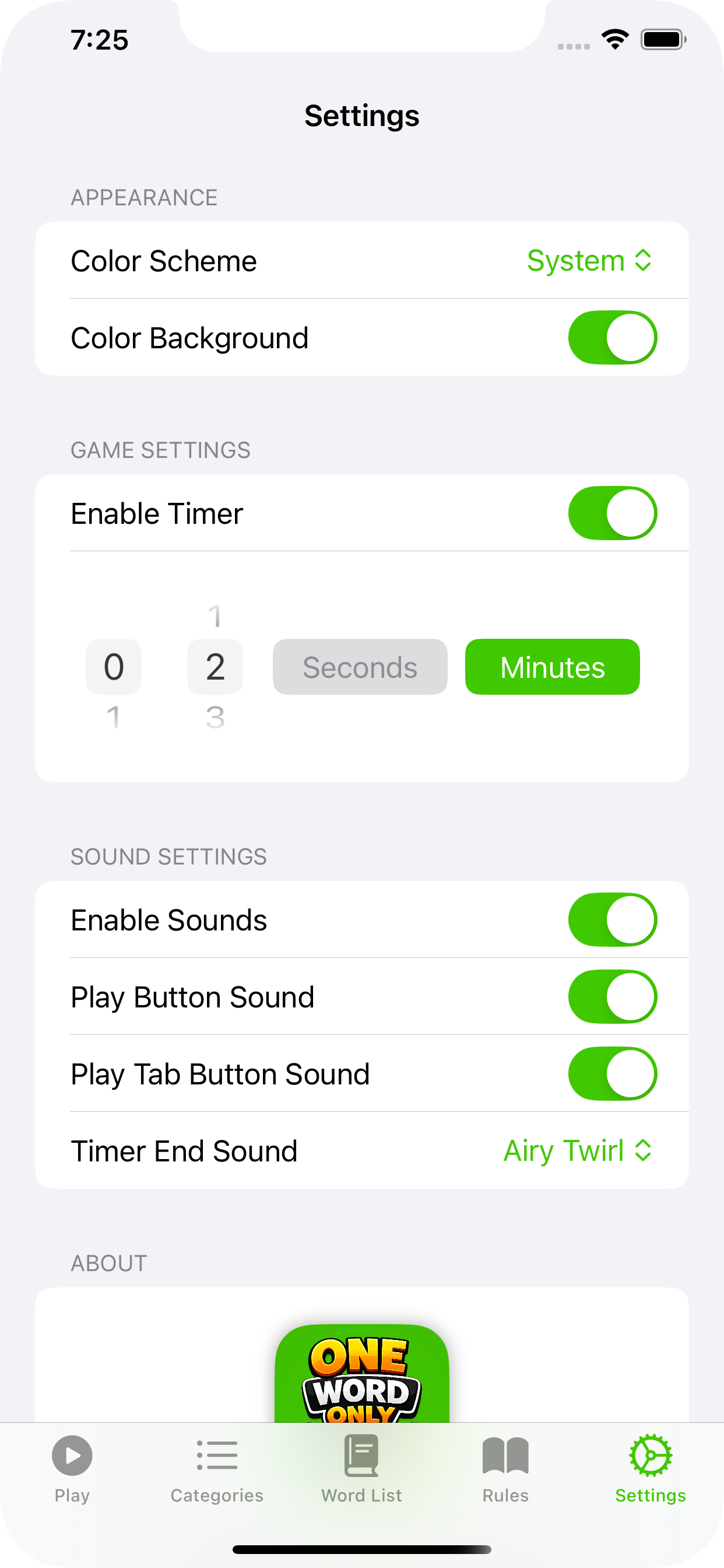 One Word Only settings