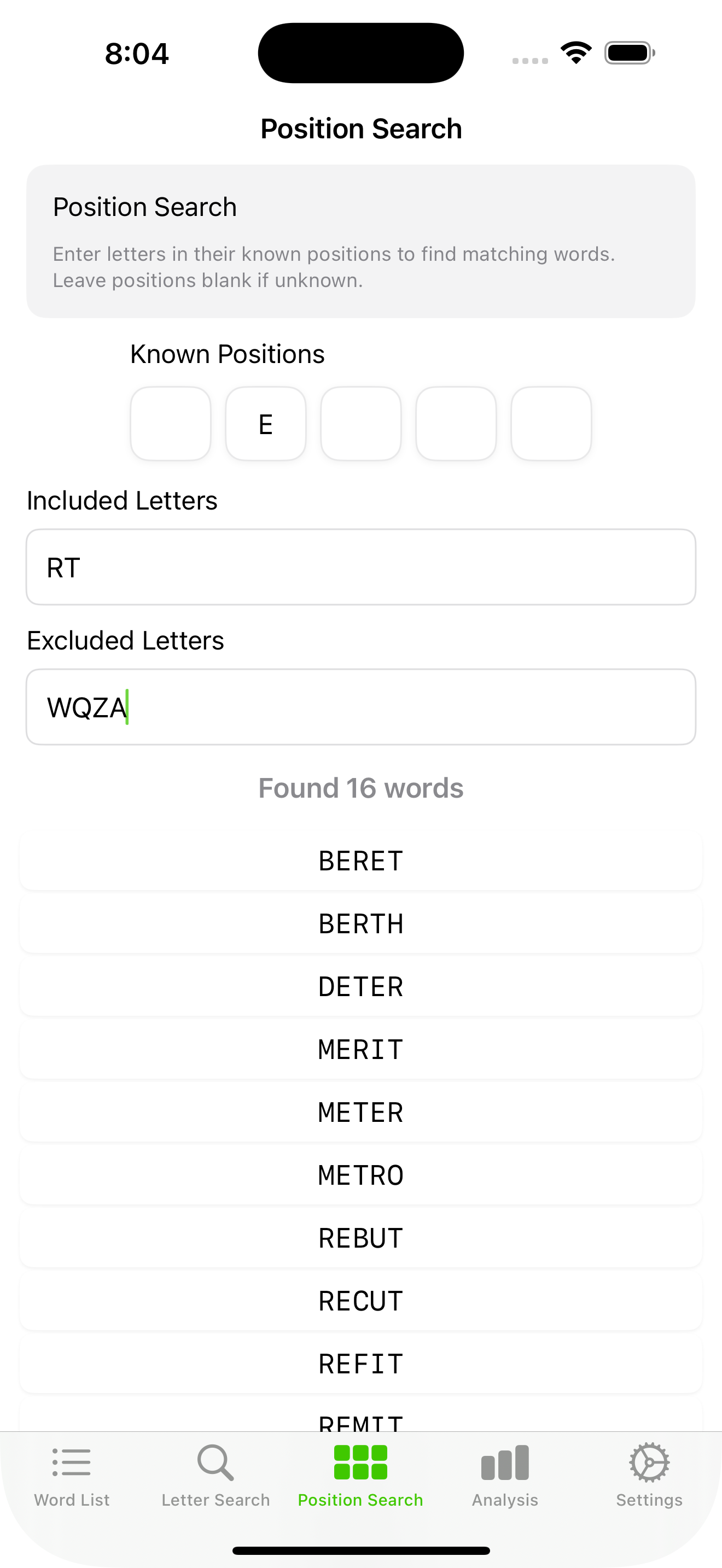 Word Solutions position search